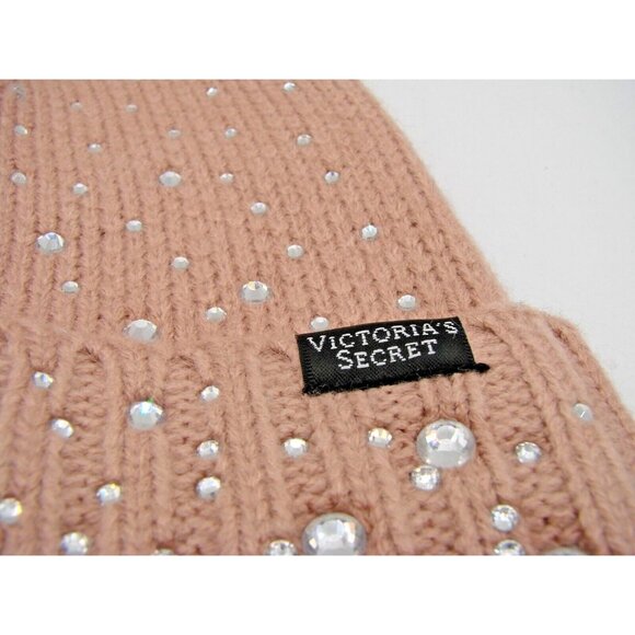 NEW Victorias Secret Rhinestone Embellished Pom Pom Hat Beanie Sparkle OS Blush - Picture 3 of 10